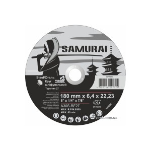 Диск шліфувальний по металу SAMURAI ТМ VIROK : A30S-BF27, Ø= 180х22.23 мм, t= 6.4 мм