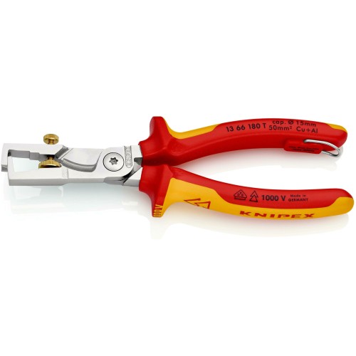 Кліщі для видалення ізоляції, з функцією різання кабелю VDE StriX KNIPEX 13 66 180 T, зі страхувальним кріпленням, хромовані