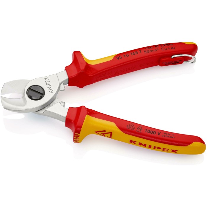 Ножиці для різки кабелів, діаметр 15мм / 50мм..кв., 165мм VDE KNIPEX 95 16 165 T BK, зі страхувальним кріпленням, хромировані Ножиці для різки кабелів, діаметр 15мм / 50мм..кв., 165мм VDE KNIPEX 95 16 165 T BK, зі страхувальним кріпленням, хромировані