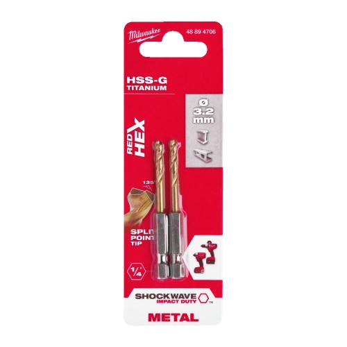 Свердло по металу RedHEX SHOCKWAVE HSS-TiN MILWAUKEE, діаметр 3,2х66,5х23мм, (2шт)