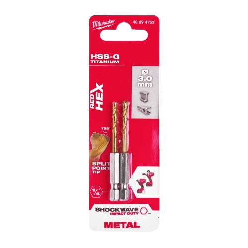Свердло по металу RedHEX SHOCKWAVE HSS-TiN MILWAUKEE, діаметр 3,0х65х23мм, (2шт)