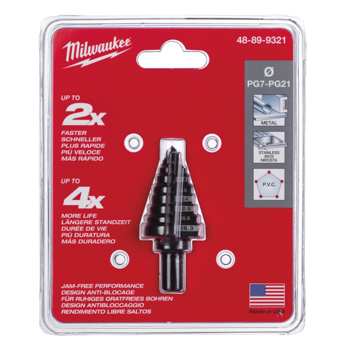 Свердло ступінчасте Step Drill MILWAUKEE, для електриків PG7-PG21 з кроком 2мм Свердло ступінчасте Step Drill MILWAUKEE, для електриків PG7-PG21 з кроком 2мм