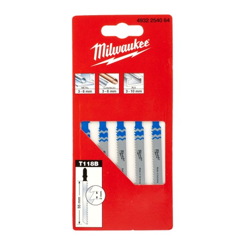 Полотна для лобзиків T118B MILWAUKEE, 55х2,0мм, (5шт), (універсальні)