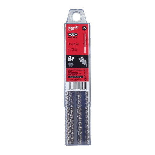 Бур SDS-PLUS MX4 MILWAUKEE, діаметр 5,5х165х100мм, (10шт), пластикова коробка