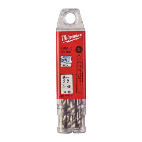 Свердло по металу HSS-G MILWAUKEE DIN1897, діаметр 3,2x49х18мм, (10шт), пластикова коробка