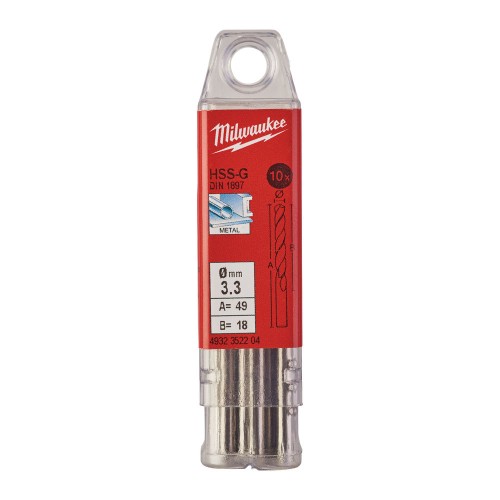 Свердло по металу HSS-G MILWAUKEE DIN1897, діаметр 3,3х49х18мм, скорочене, (10шт), пластикова коробка