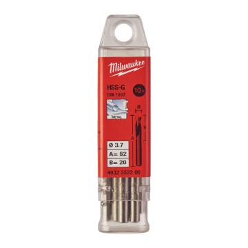 Свердло по металу HSS-G MILWAUKEE DIN1897, діаметр 3,7х52х20мм, скорочене, (10шт), пластикова коробка