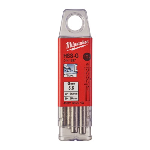 Свердло по металу HSS-G MILWAUKEE DIN1897, діаметр 5,5х66х28мм, скорочене, (10шт), пластикова коробка