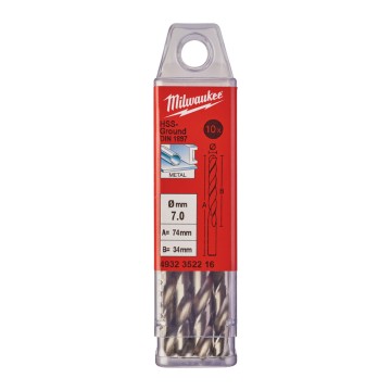 Свердло по металу HSS-G MILWAUKEE DIN1897, діаметр 7,0х74х34мм, скорочене, (5шт), пластикова коробка