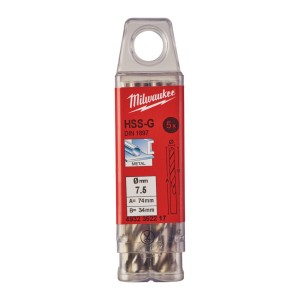 Свердло по металу HSS-G MILWAUKEE DIN1897, діаметр 7,5х74х34мм, скорочене, (5шт), пластикова коробка
