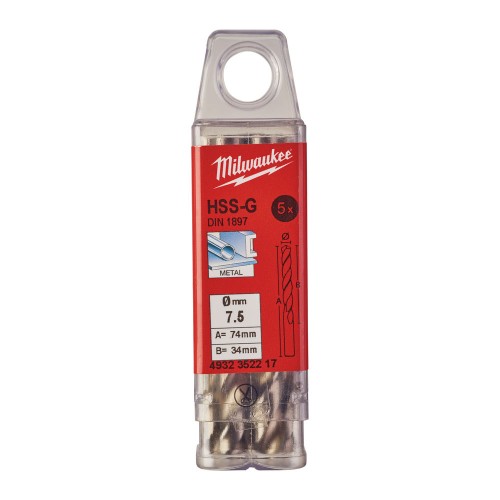 Свердло по металу HSS-G MILWAUKEE DIN1897, діаметр 7,5х74х34мм, скорочене, (5шт), пластикова коробка