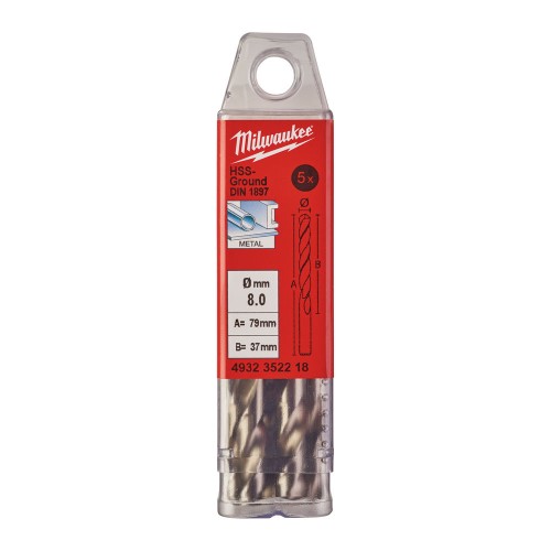 Свердло по металу HSS-G MILWAUKEE DIN1897, діаметр 8,0х79х37мм, скорочене, (5шт), пластикова коробка