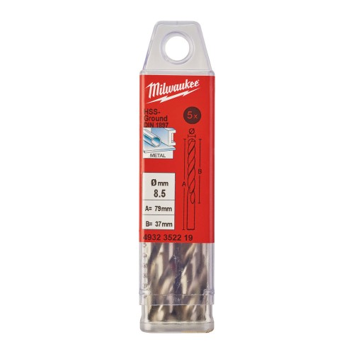 Свердло по металу HSS-G MILWAUKEE DIN1897, діаметр 8,5х79х37мм, скорочене, (5шт), пластикова коробка