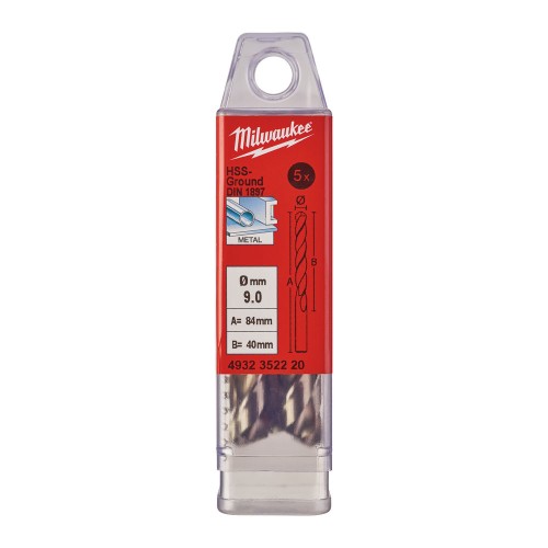 Свердло по металу HSS-G MILWAUKEE DIN1897, діаметр 9,0х84х40мм, скорочене, (5шт), пластикова коробка