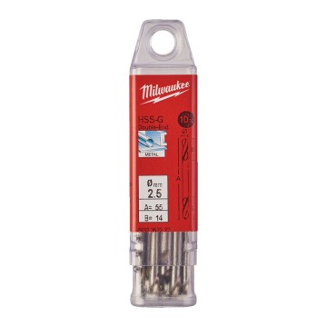 Свердло по металу HSS-G MILWAUKEE, DIN 1412 C, діаметр 2,5х43х10мм, двостороннє, (10шт), пластикова коробка