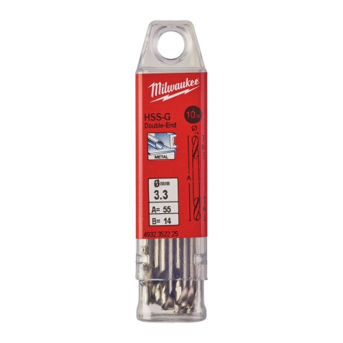 Свердло по металу HSS-G MILWAUKEE, DIN 1412 C, діаметр 3,3х49х12мм, двостороннє, (10шт), пластикова коробка