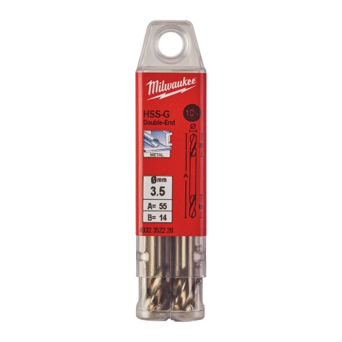 Свердло по металу HSS-G MILWAUKEE, DIN 1412 C, діаметр 3,5х52х14мм, двостороннє, (10шт), пластикова коробка