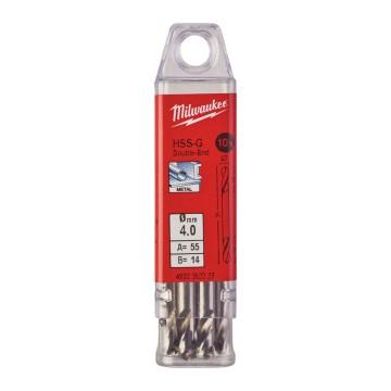 Свердло по металу HSS-G MILWAUKEE, DIN 1412 C, діаметр 4,0х55х14мм, двостороннє, (10шт), пластикова коробка