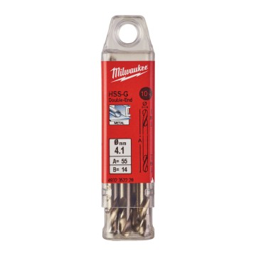 Свердло по металу HSS-G MILWAUKEE, DIN 1412 C, діаметр 4,1х55х14мм, двостороннє, (10шт), пластикова коробка