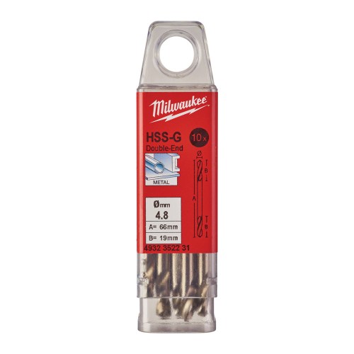 Свердло по металу HSS-G MILWAUKEE, DIN 1412 C, діаметр 4,8х62х18мм, двостороннє, (10шт), пластикова коробка