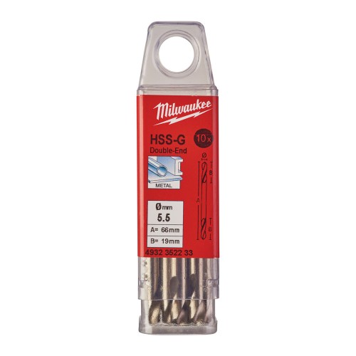 Свердло по металу HSS-G MILWAUKEE, DIN 1412 C, діаметр 5,5х66х19мм, двостороннє, (10шт), пластикова коробка
