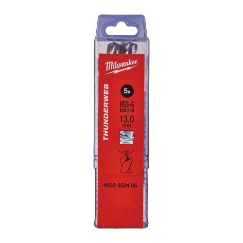 Свердло по металу THUNDERWEB HSS-G MILWAUKEE DIN338, діаметр 13,0x151х101мм, (5шт), пластикова коробка