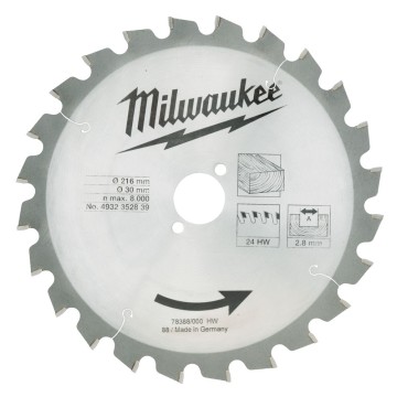 Диск пиляльний по дереву для торцювальних пил MILWAUKEE, діаметр 216х30х2,8мм, 24 зуб.