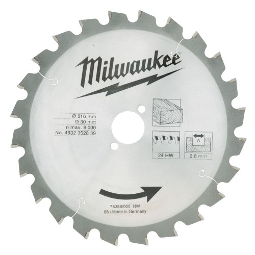 Диск пиляльний по дереву для торцювальних пил MILWAUKEE, діаметр 216х30х2,8мм, 24 зуб.