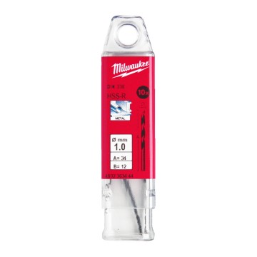 Свердло по металу HSS-R MILWAUKEE DIN338, діаметр 1,0х34х12мм, (10шт), пластикова коробка