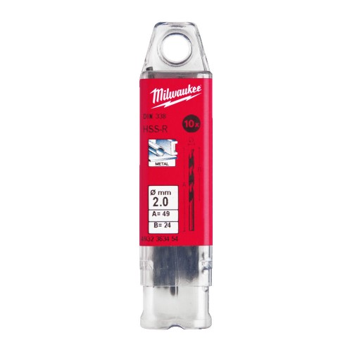 Свердло по металу HSS-R MILWAUKEE DIN338, діаметр 2,0х49х24мм, (10шт), пластикова коробка