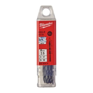 Свердло по металу HSS-R MILWAUKEE DIN338, діаметр 2,5х57х30мм, (10шт), пластикова коробка
