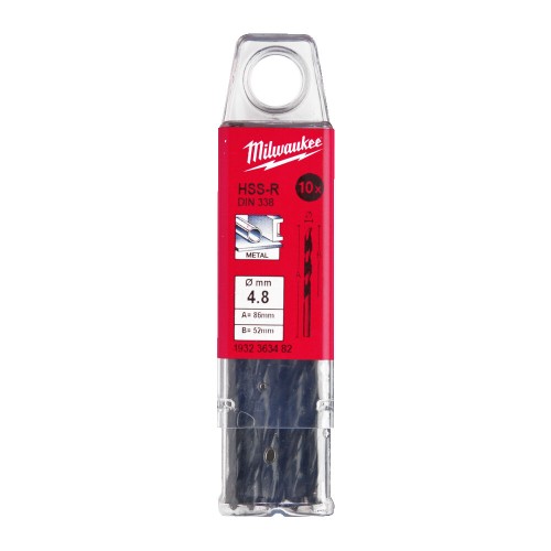 Свердло по металу HSS-R MILWAUKEE DIN338, діаметр 4,8х86х52мм, (10шт), пластикова коробка