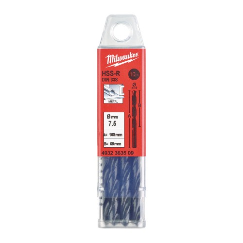 Свердло по металу HSS-R MILWAUKEE DIN338, діаметр 7,5х109х69мм, (10шт), пластикова коробка