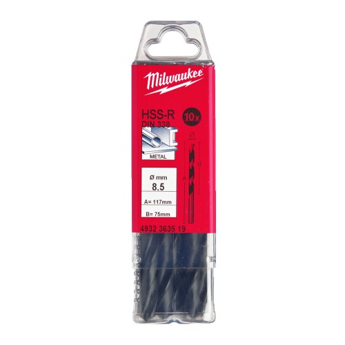 Свердло по металу HSS-R MILWAUKEE DIN338, діаметр 8,5х117х75мм, (10шт), пластикова коробка