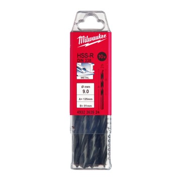 Свердло по металу HSS-R MILWAUKEE DIN338, діаметр 9,0х125х81мм, (10шт), пластикова коробка