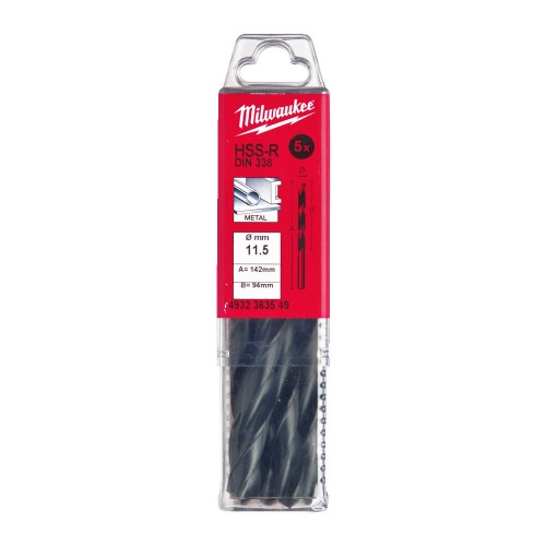 Свердло по металу HSS-R MILWAUKEE DIN338, діаметр 11,5х142х94мм, (5шт), пластикова коробка