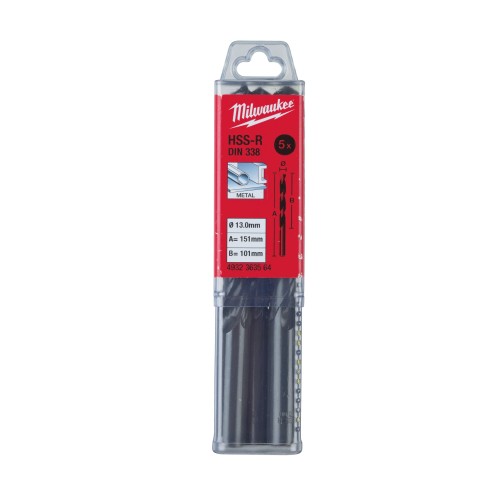 Свердло по металу HSS-R MILWAUKEE DIN338, діаметр 13,0х151х101мм, (5шт), пластикова коробка