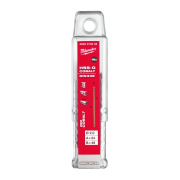 Свердло по металу HSS-Co MILWAUKEE DIN338, діаметр 2,0х49х24мм, (10шт), пластикова коробка