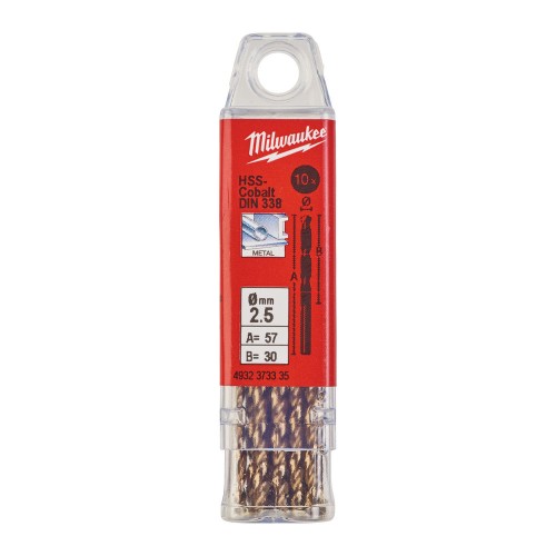 Свердло по металу HSS-Co MILWAUKEE DIN338, діаметр 2,5х57х30мм, (10шт), пластикова коробка