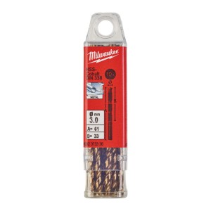 Свердло по металу HSS-Co MILWAUKEE DIN338, діаметр 3,0х61х33мм, (10шт), пластикова коробка