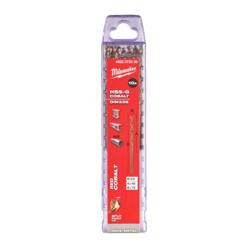 Свердло по металу HSS-Co MILWAUKEE DIN338, діаметр 4,0х75х43мм, (10шт), пластикова коробка