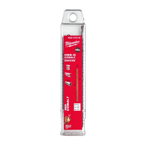 Свердло по металу HSS-Co MILWAUKEE DIN338, діаметр 4,2х75х43мм, (10шт) пластикова коробка