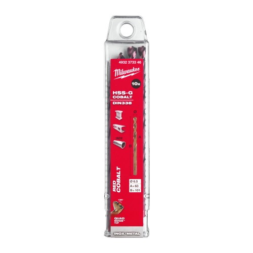 Свердло по металу HSS-Co MILWAUKEE DIN338, діаметр 6,5х101х63мм, (10шт), пластикова коробка