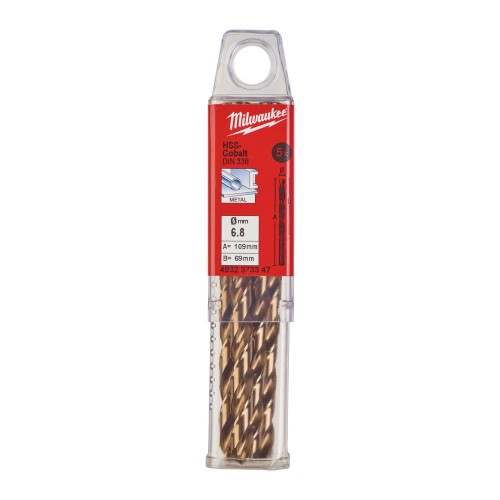 Свердло по металу HSS-Co MILWAUKEE DIN338, діаметр 6,8х109х69мм, (5шт), пластикова коробка