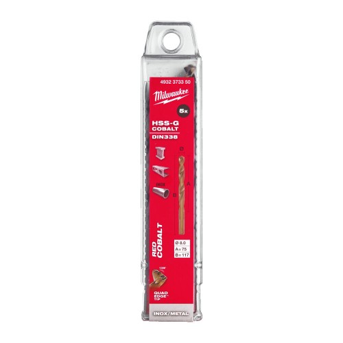 Свердло по металу HSS-Co MILWAUKEE DIN338, діаметр 8,0х117х75мм, (5шт), пластикова коробка