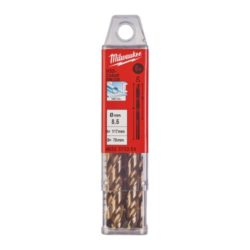 Свердло по металу HSS-Co MILWAUKEE DIN338, діаметр 8,5х117х75мм, (5шт), пластикова коробка