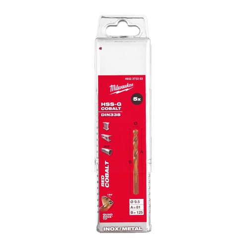 Свердло по металу HSS-Co MILWAUKEE DIN338, діаметр 9,5х125х83мм, (5шт), пластикова коробка