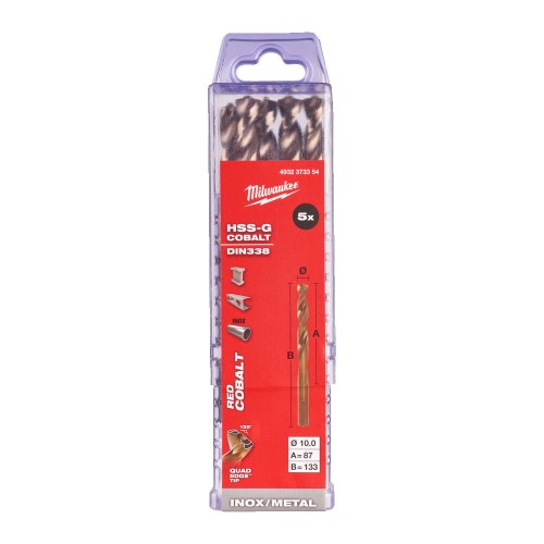 Свердло по металу HSS-Co MILWAUKEE DIN338, діаметр 10,0х133х87мм, (5шт), пластикова коробка
