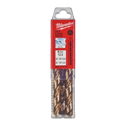 Свердло по металу HSS-Co MILWAUKEE DIN338, діаметр 12,0х150х101мм, (5шт), пластикова коробка