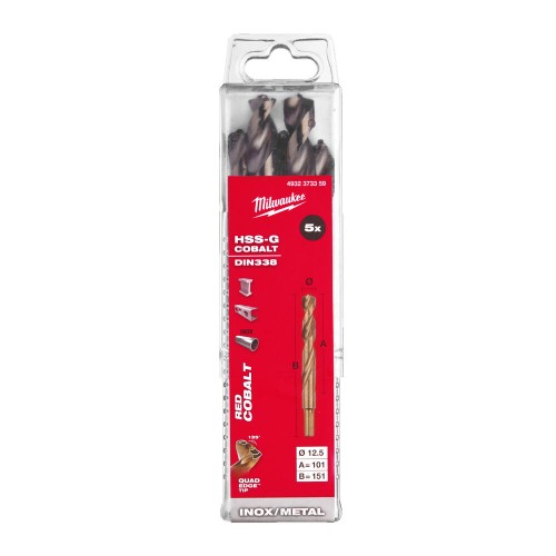 Свердло по металу HSS-Co MILWAUKEE DIN338, діаметр 12,5х150х101мм, (5шт), пластикова коробка